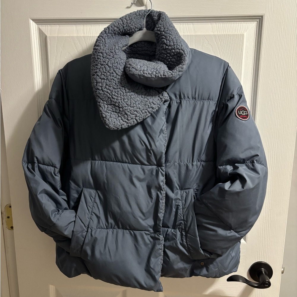 UGG Light Slate Blue Quilted Puffer Jacket with Logo Patch